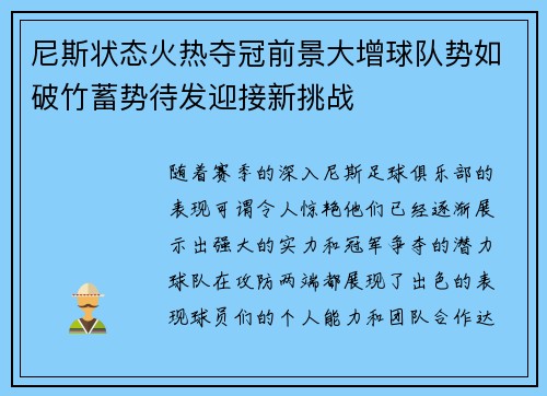 尼斯状态火热夺冠前景大增球队势如破竹蓄势待发迎接新挑战