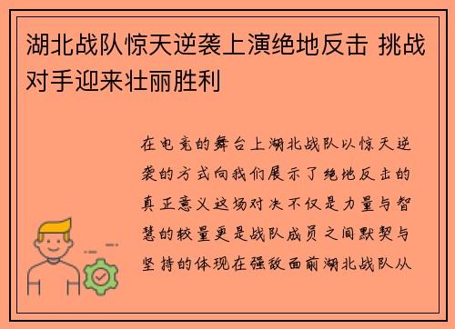 湖北战队惊天逆袭上演绝地反击 挑战对手迎来壮丽胜利