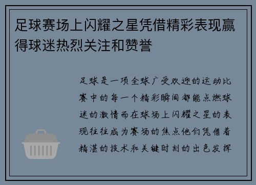 足球赛场上闪耀之星凭借精彩表现赢得球迷热烈关注和赞誉