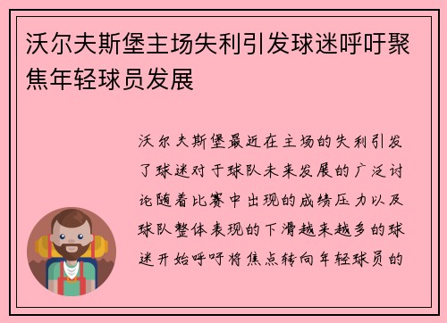 沃尔夫斯堡主场失利引发球迷呼吁聚焦年轻球员发展
