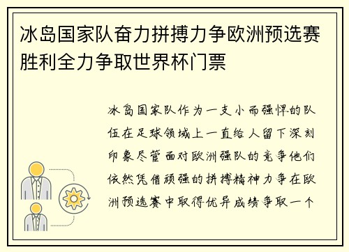 冰岛国家队奋力拼搏力争欧洲预选赛胜利全力争取世界杯门票